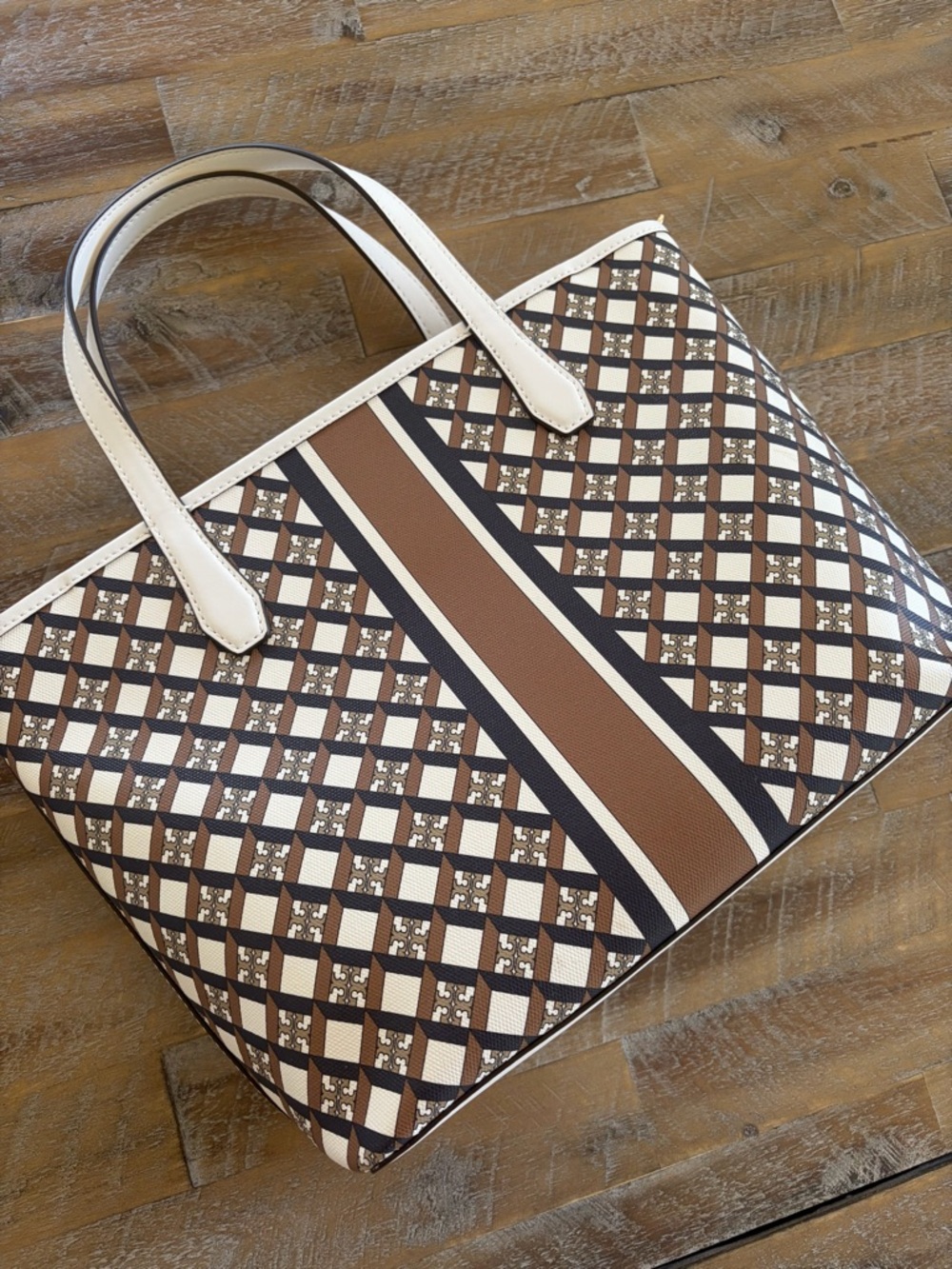 Tory Burch Brown, Cream & Navy Geometric Tote - Picture 5 of 8